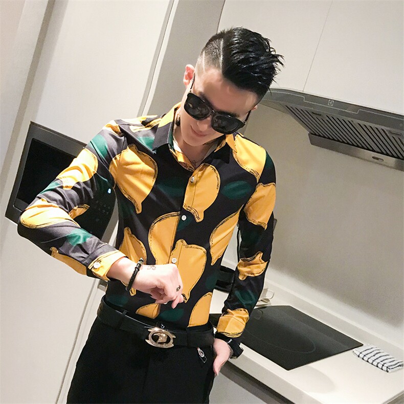 312A-922-P55新款柠檬图案修身长袖衬衫男发型师网红夜场衬衣-首1,男装衬衫,星座312A-5