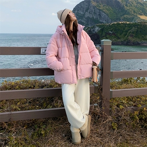 韩系针织拼接粉色连帽羽绒服女冬新款超火好看高级感保暖加厚外套图片