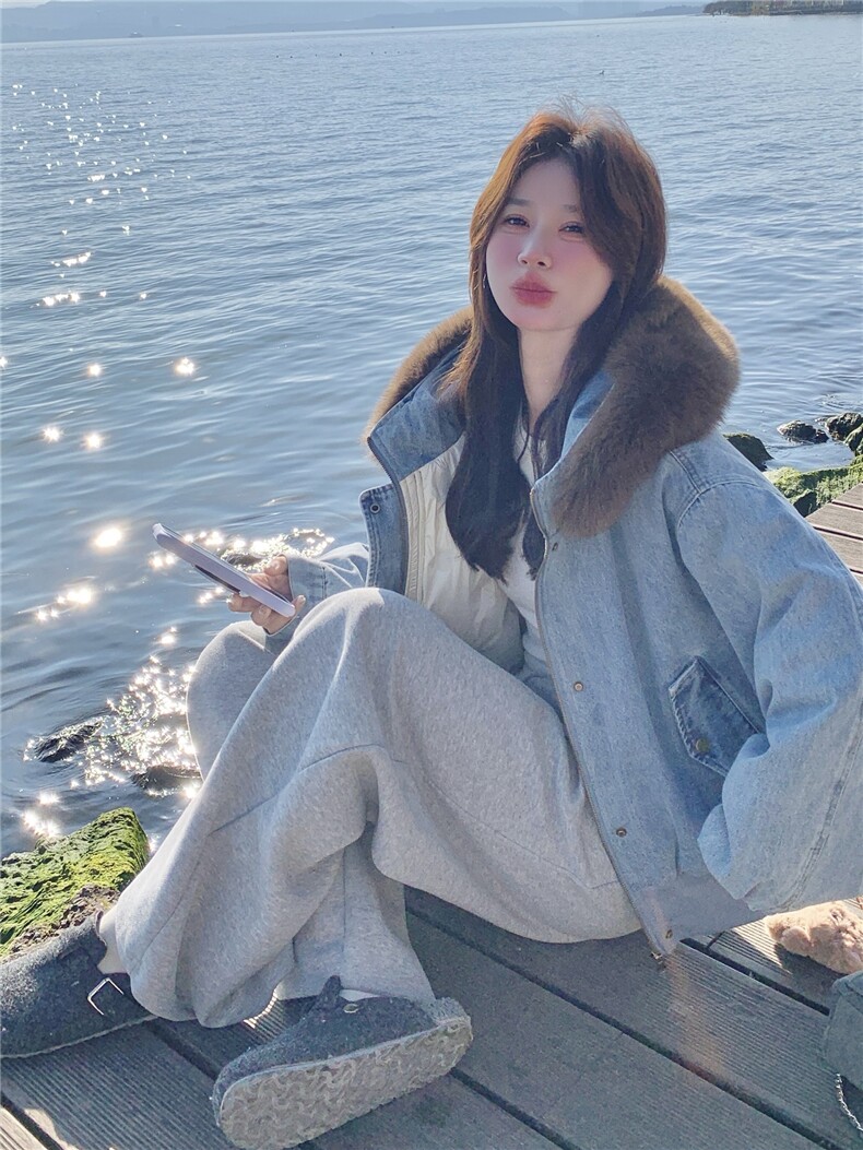 美式复古宽松加绒保暖羽绒内胆连帽牛仔外套女可拆卸毛领宽松夹克,女装羽绒服,艾米莉亚