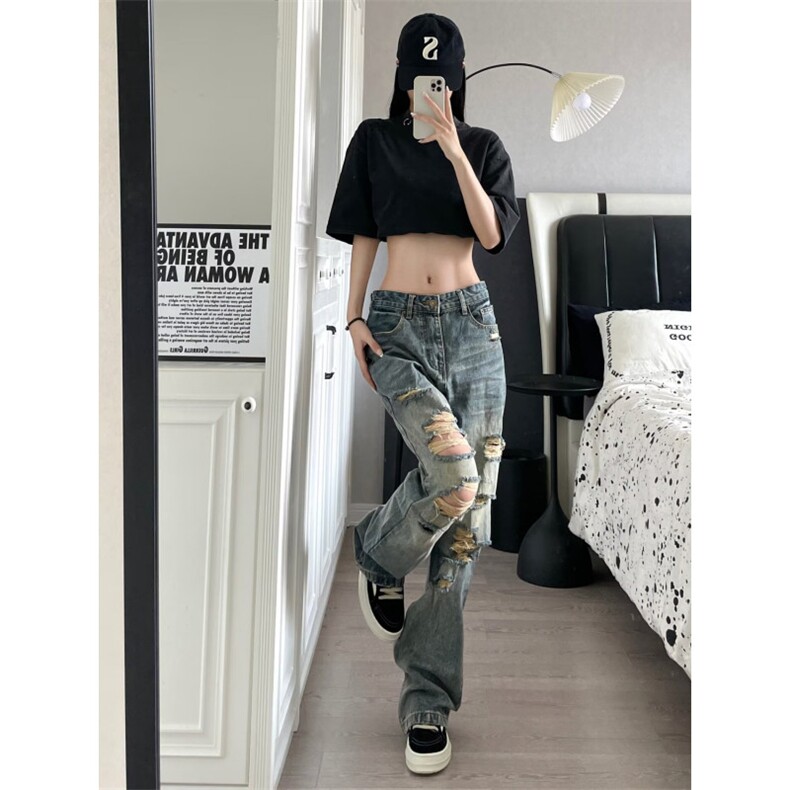高街复古破洞牛仔裤女夏季韩版高腰显瘦小个子直筒阔腿长裤潮，男装牛仔裤，星座506A