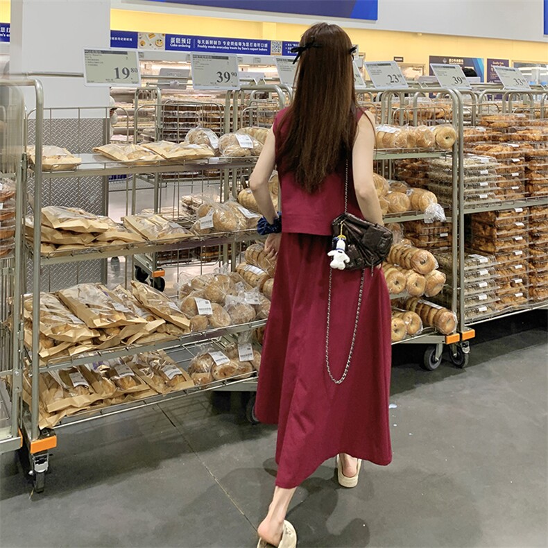 日系休闲红色棉麻连衣裙女夏2025新款轻奢高级感半身长裙两件套装,女装连体裤,浙宝276（原081）