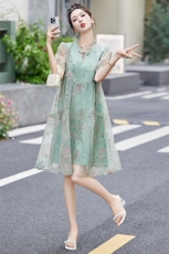 新中式国风刺绣网纱连衣裙女夏季2025新款宽松遮肚子显瘦A字裙子，女装连衣裙，依如秀(原杭风阁)
