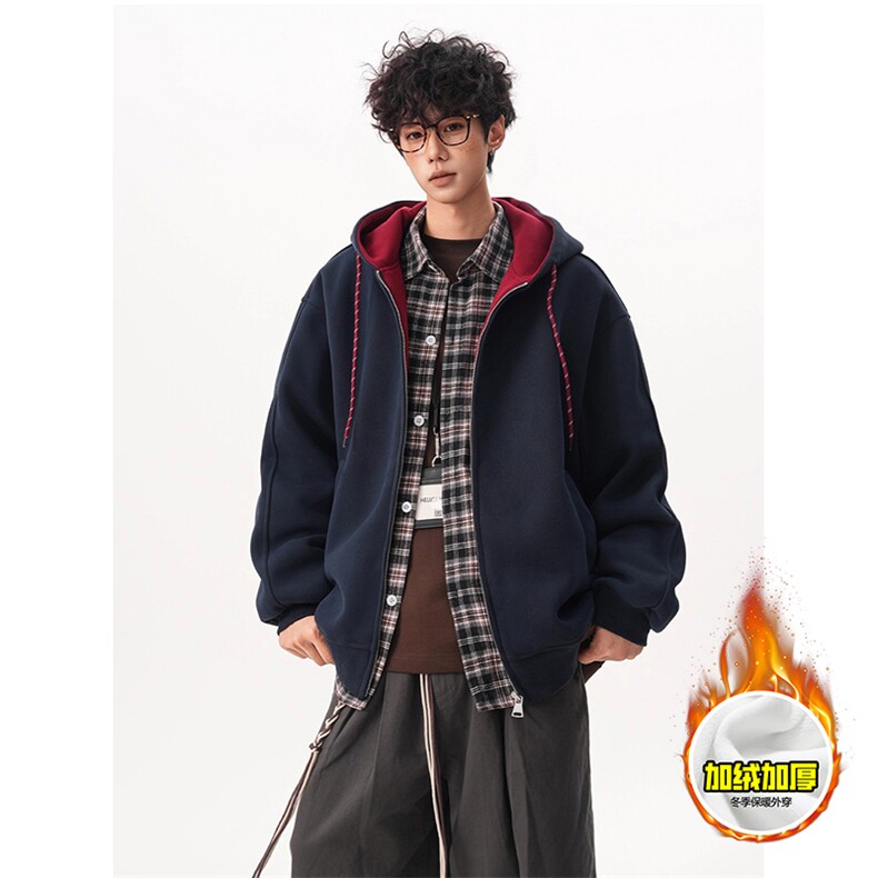 480G重磅加绒硬挺boxy男女秋冬美式高街双层撞色连帽卫衣开衫外套，女装短外套，电商A486-1