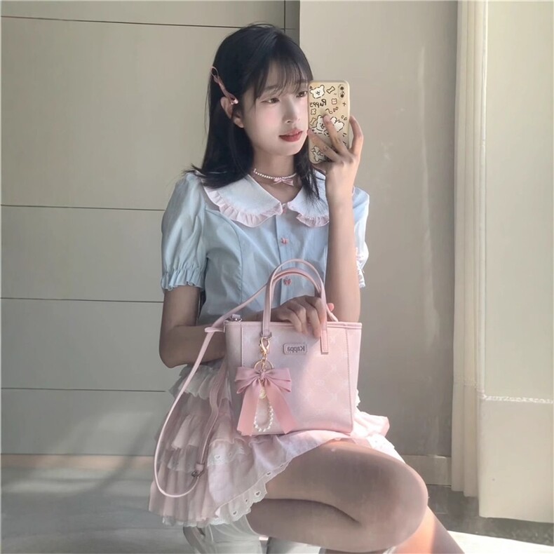 法式可爱学院风蓝撞粉色娃娃领短袖衬衫上衣高腰蛋糕半身裙子套装,男装T恤,星座1210-1