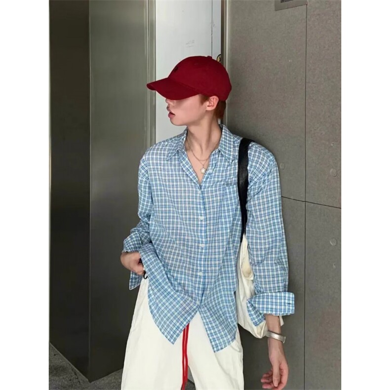 翻领格子双层棉纱长袖衬衫女秋季新款休闲宽松衬衣显瘦上衣,男装衬衫,星座506A