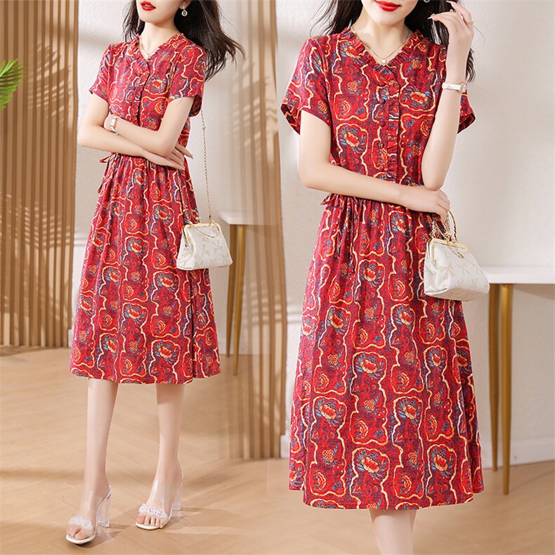 棉麻碎花连衣裙女夏2023新款木耳边气质显瘦中年妈妈收腰休闲长裙，女装连衣裙，超帛