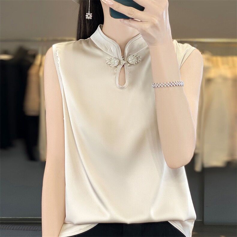 女装新款2024年立领背心真丝小衫复古气质上衣内搭打底衫无袖,女装背心吊带,朝贺羊绒
