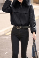 安可拉红加绒加厚短款皮衣外套女款2024冬季新款真毛领皮棉服夹克，女装皮衣，美拉德工厂直营店