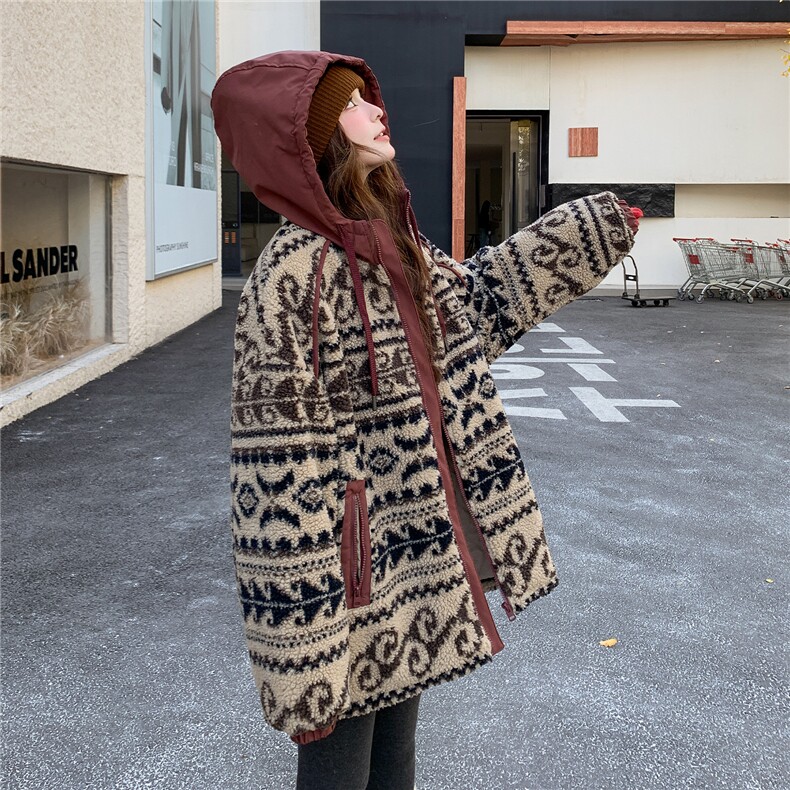 现货费尔岛印花环保羊羔毛拼接连帽90绒2C282-201P255K388,女装羽绒服,2C282