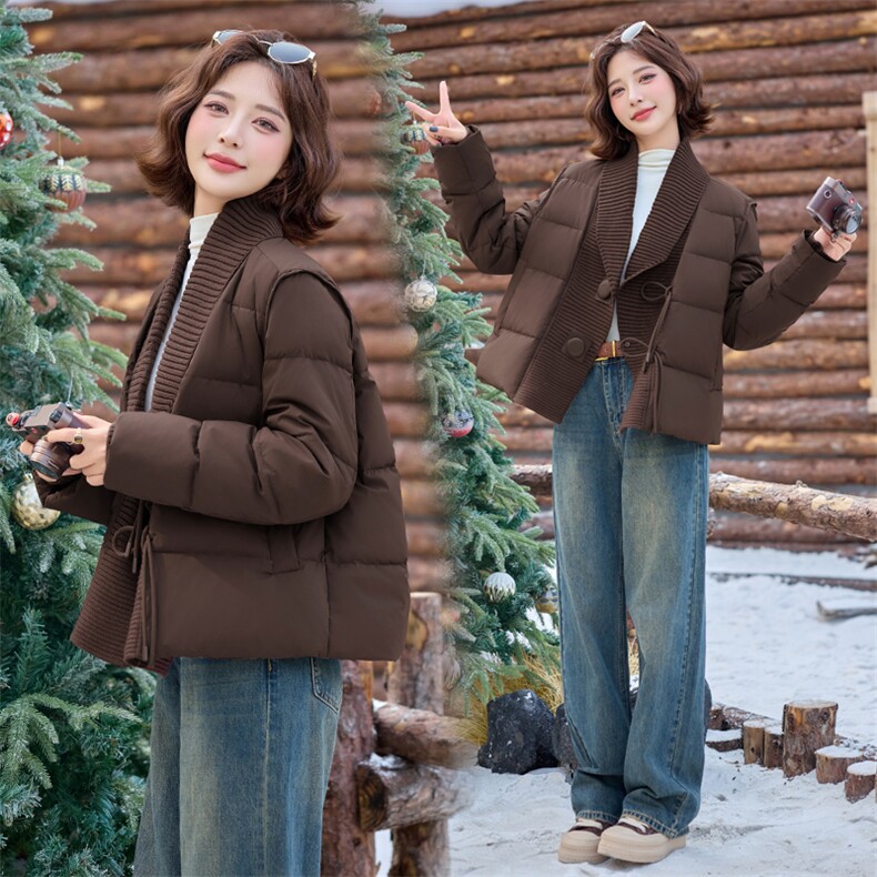 短款羽绒服女2024冬季新款超好看千金小香风粉色针织拼接保暖外套,女装羽绒服,雅静靓衣