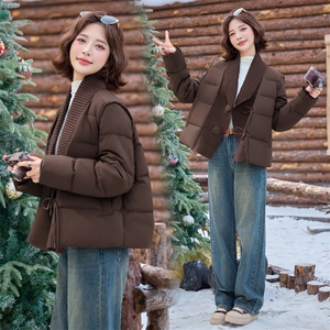 短款羽绒服女2024冬季新款超好看千金小香风粉色针织拼接保暖外套图片