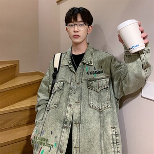 水洗做旧牛仔衣复古刺绣牛仔夹克泼墨宽松秋季外套男JK858-P80图片