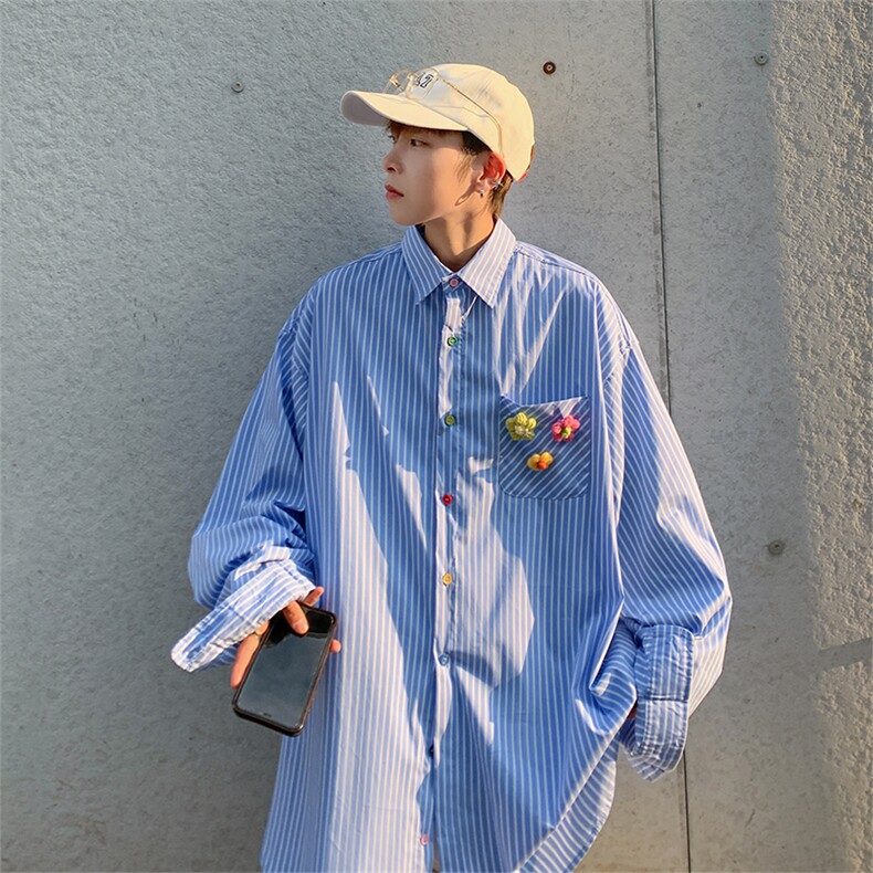 日系复古衬衫男设计感ins条纹衬衣秋季潮牌休闲情侣装W6344-P40,男装衬衫,星座512-2