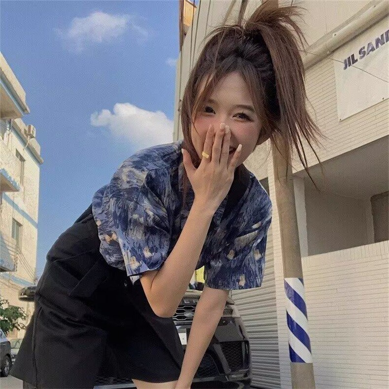 Q152/P32夏季美式复古潮牌小众扎染印花痞帅短袖衬衫上衣男女,男装衬衫,星座1506