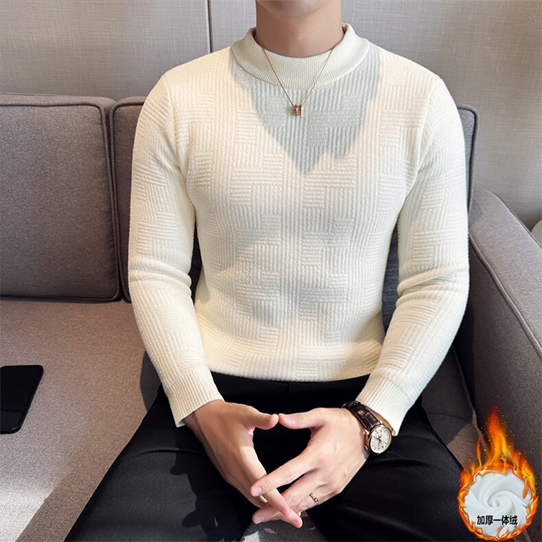 一体绒加厚针织衫暗花修身半高领长袖毛衣针织打底衫男96005-p68,男装针织衫/毛衣,电商D303