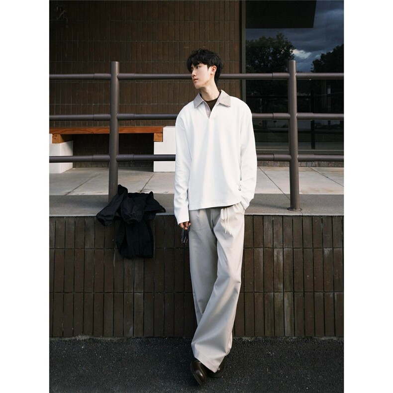 老钱风千鸟格长袖T恤男女款夏季拼接polo领高级感cleanfit打底衫,男装T恤,星座1013-1