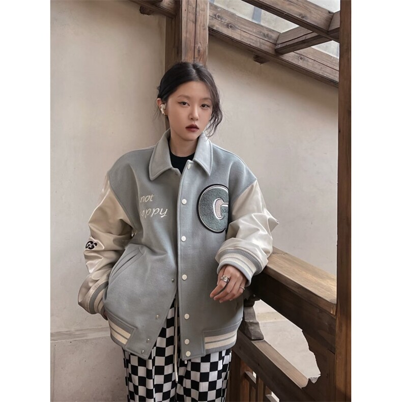 美式毛呢拼接棒球服外套男女春秋休闲宽松复古刺绣潮牌夹克上衣图片