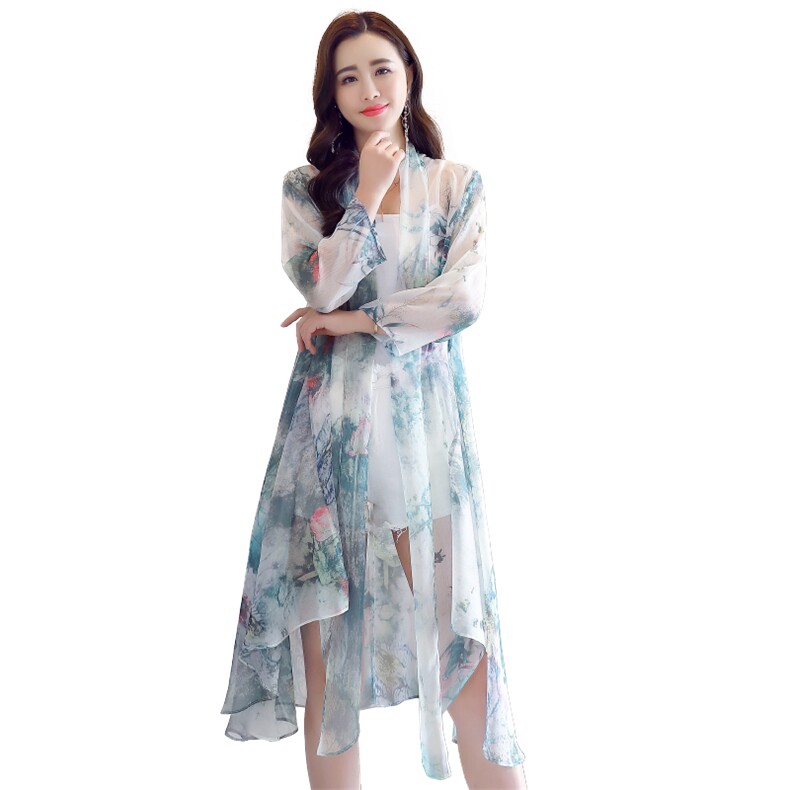 防晒衣女2021新款气质v领薄款雪纺衬衫复古印花中长款空调衫,女装蕾丝衫/雪纺衫,秀美人生