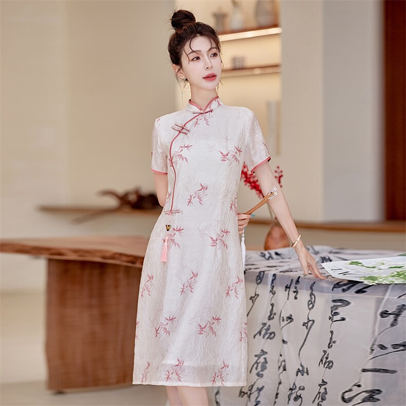 天丝皱印花连衣裙女夏季新款送考长裙修身显瘦改良版奥黛日常旗袍,女装连衣裙,利佳可人