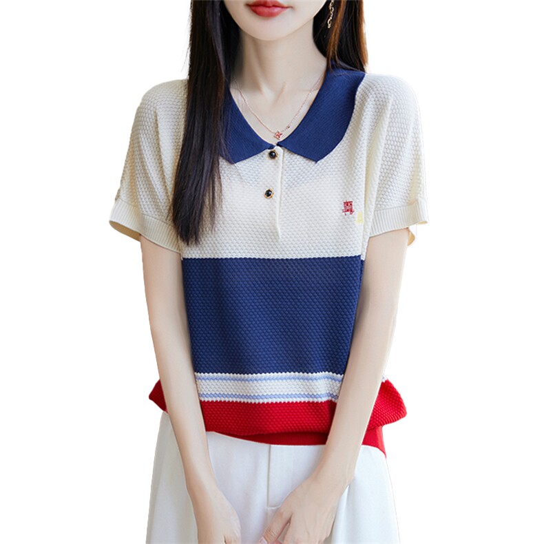 夏季新款POLO领刺绣拼色短袖针织衫女宽松透气莱赛尔天丝T恤上衣,针织衫/毛衣,唐诺