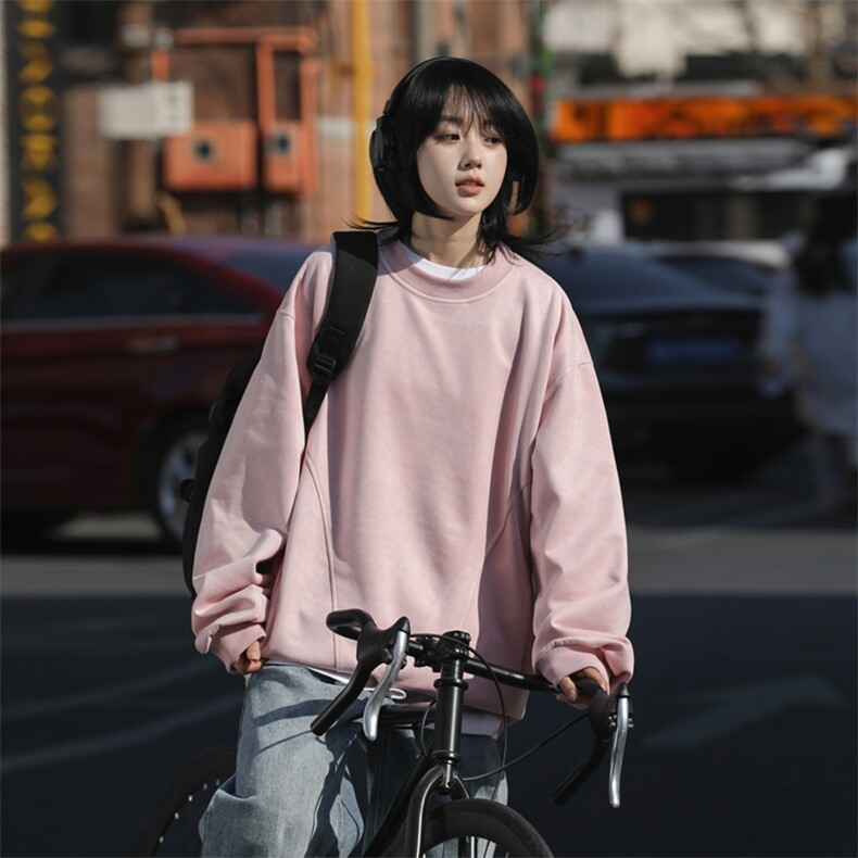 春季美式纯版圆领重工拼接麂皮绒宽松卫衣,男装卫衣,星座513
