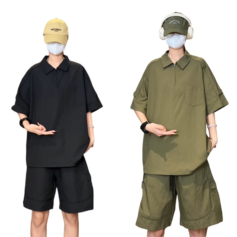 量大优供视频泡泡纱polo衫套装短袖短裤男XH77TZ-特P50,男装牛仔裤,电商B367