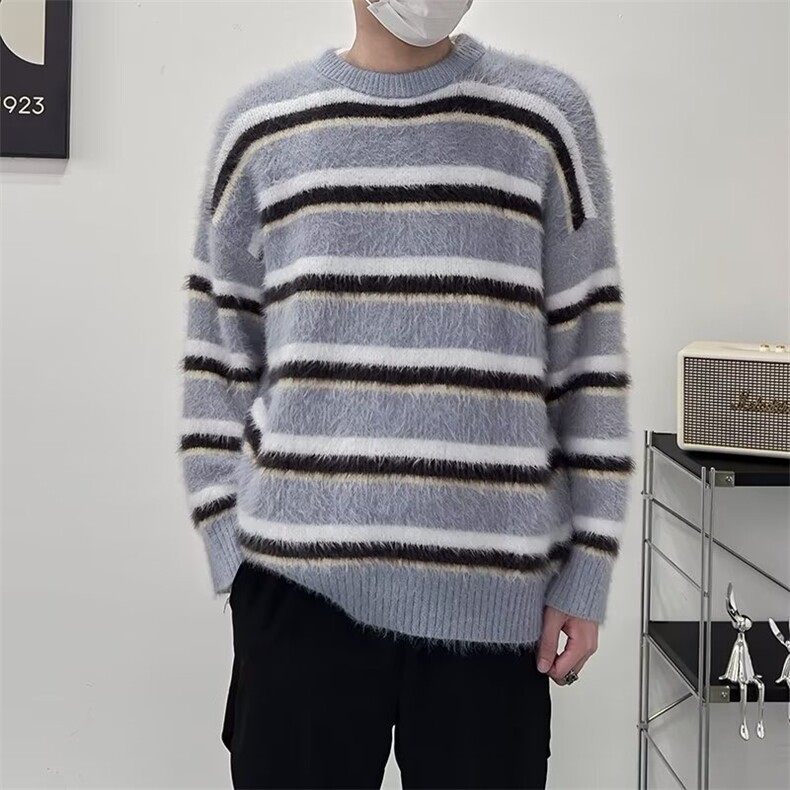 春秋新款圆领条纹海马毛薄款毛衣针织衫男女款打底衫休闲宽松图片