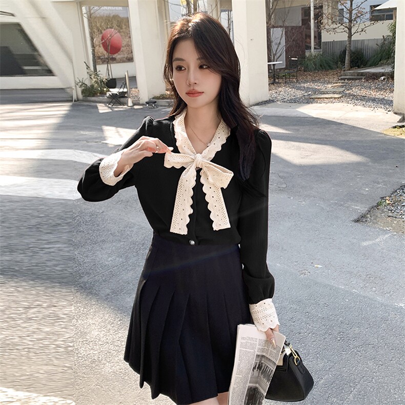 时尚甜美花边蝴蝶结长袖针织衫显瘦百搭女装毛衣上衣,针织衫/毛衣,鑫慧