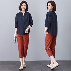 刺绣棉麻衬衫女短袖中长款遮屁股亚麻小衫立领衬衣上衣夏天女款，女装套装/套裙，奕阳依阁