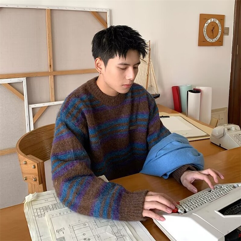 彩色条纹毛衣新款宽松软糯厚针织衫513AMY2797P45，男装针织衫/毛衣，星座513A