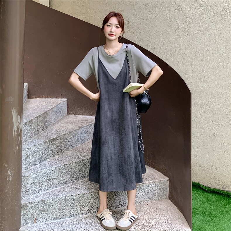 韩系简约休闲海边度假风超好看假两件连衣裙女夏季新款气质长裙,女装连衣裙,2C283