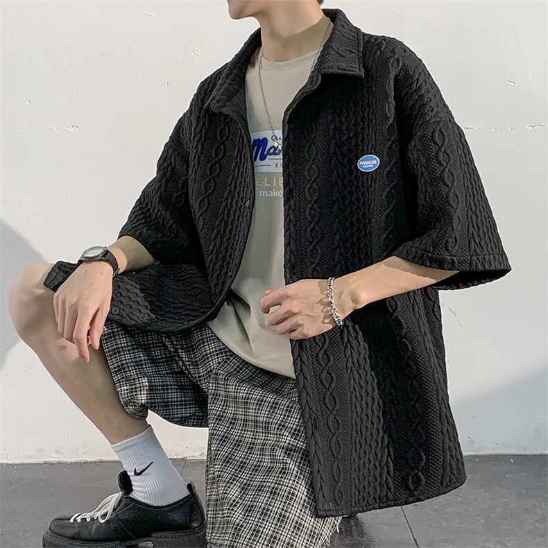 2023夏款巴洛克华夫格外套休闲男大码潮流立领短袖衬衫C22850-P40,男装衬衫,电商A001