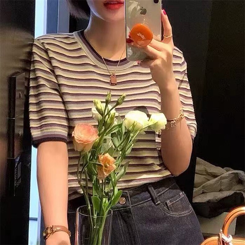 通勤百搭舒适圆领条纹女士短袖，女装T恤，忠诺羊绒