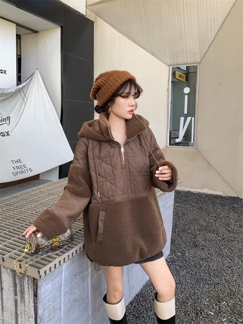 现货羊羔毛拼接卫衣，女装卫衣/绒衫，爱美欧