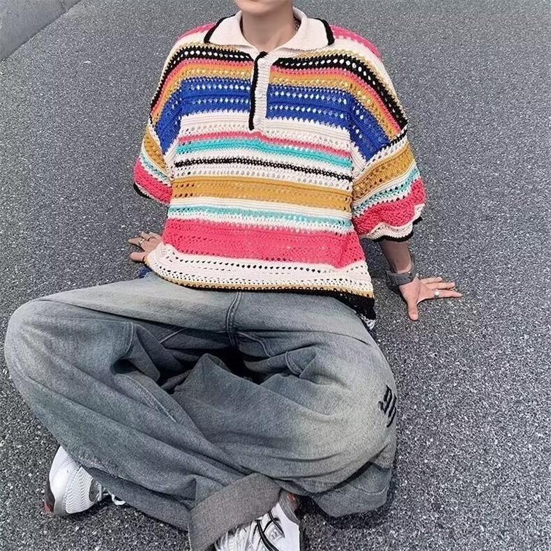 彩色拼接条纹短袖男镂空设计美式复古polo衫潮1001-1-ML300-P40，男装Polo衫，星座1001-1