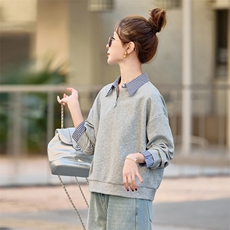 夏女装官网新款2025春季韩系假两件拼接格子翻领外套女式卫衣，女装针织衫/毛衣，微微衣阁
