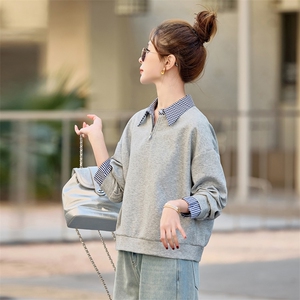 夏女装官网新款2025春季韩系假两件拼接格子翻领外套女式卫衣图片