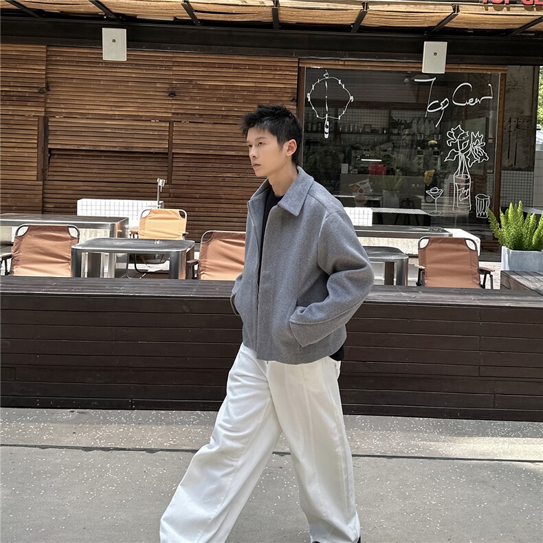 双拉链毛呢夹克外套秋冬短款呢子大衣宽松妮子风A236-JK607-P145，男装毛呢大衣，电商A236