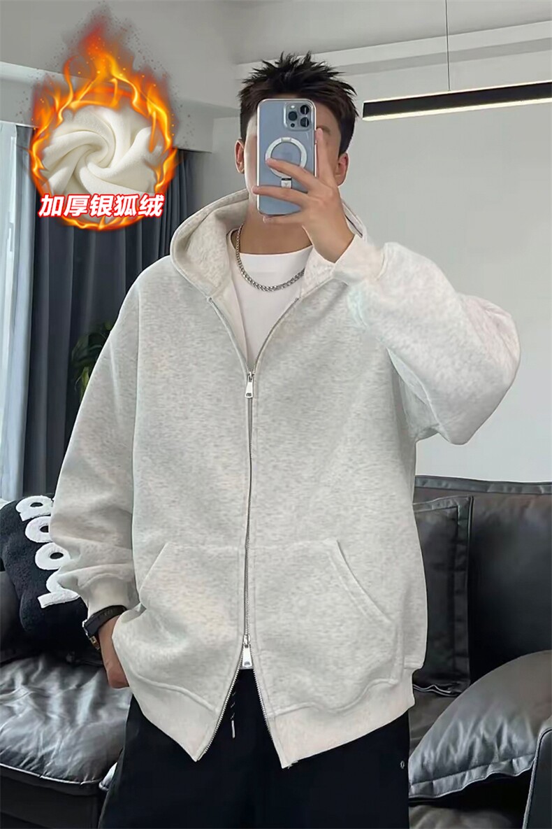 网图480g重磅保暖银狐绒双拉链连帽卫衣外套男W24581J加绒-特P40,男装棉衣,电商A001