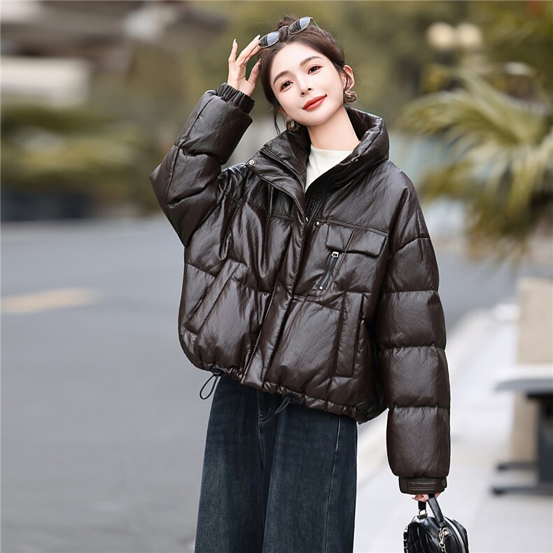 冬季抗风蛋白PU皮立领羽绒服外套加厚保暖2025新品白鸭绒面包服女,女装羽绒服,意芙