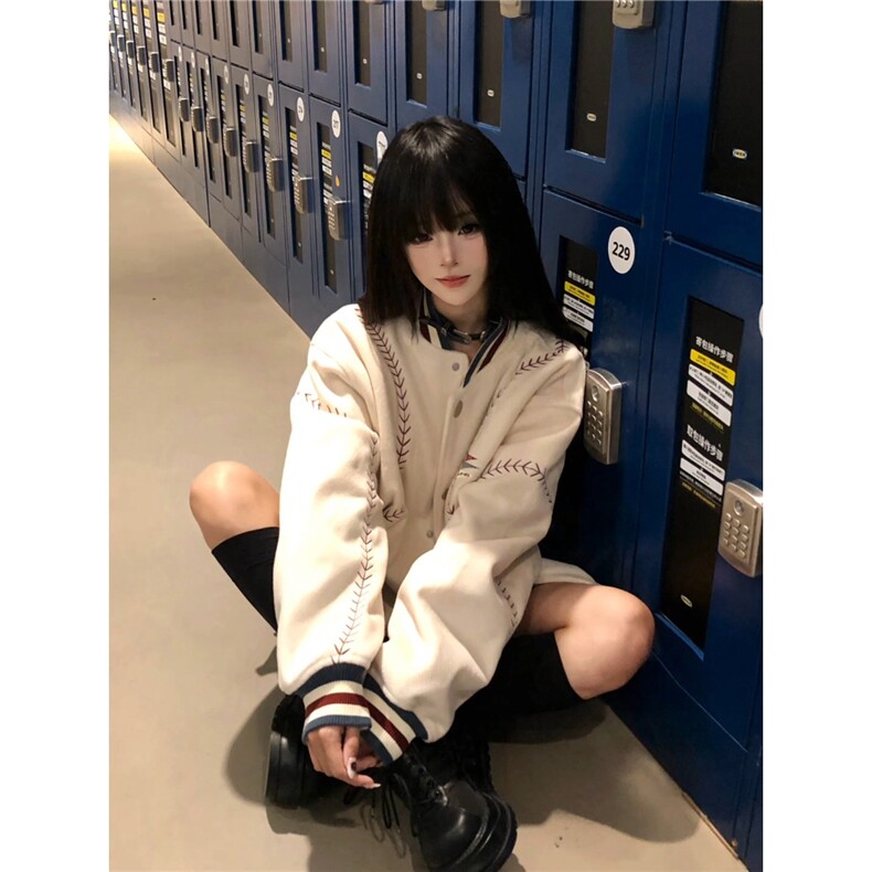 美式白色刺绣夹克棉服男女冬季棒球纹理外套学院风加厚夹棉棒球服,男装夹克,星座506A