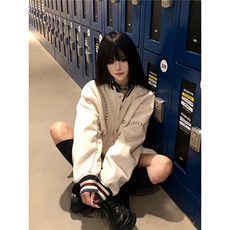 美式白色刺绣夹克棉服男女冬季棒球纹理外套学院风加厚夹棉棒球服，男装夹克，星座506A