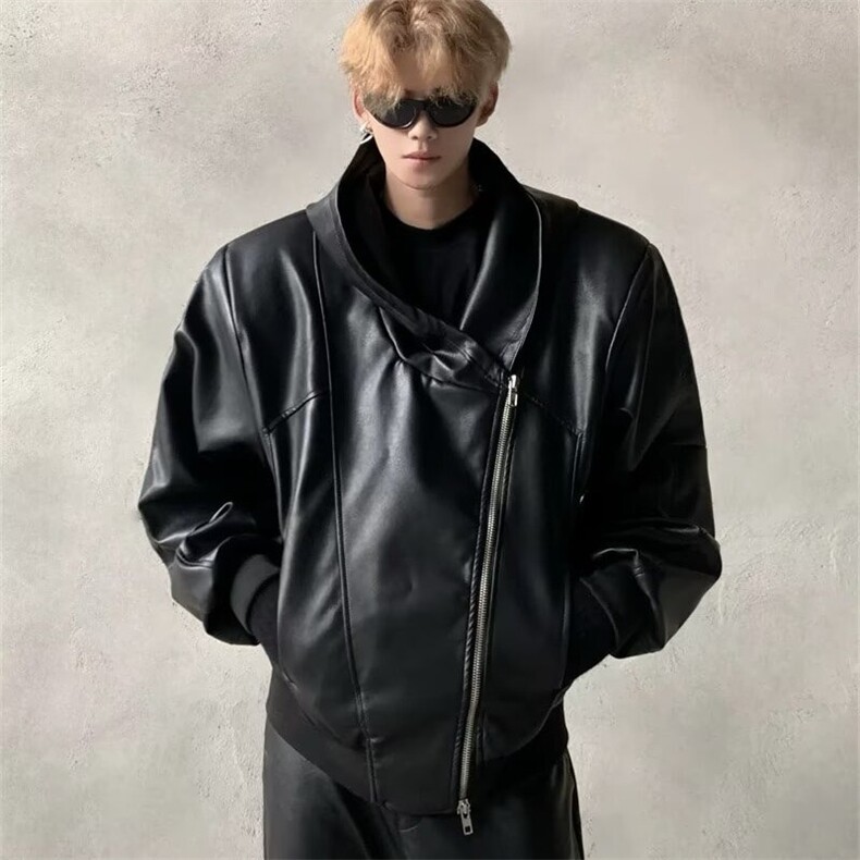 HT97-P65欧美嘻哈街头拉链解构连帽皮衣外套男小众潮牌高级感,男装皮衣,电商B323A