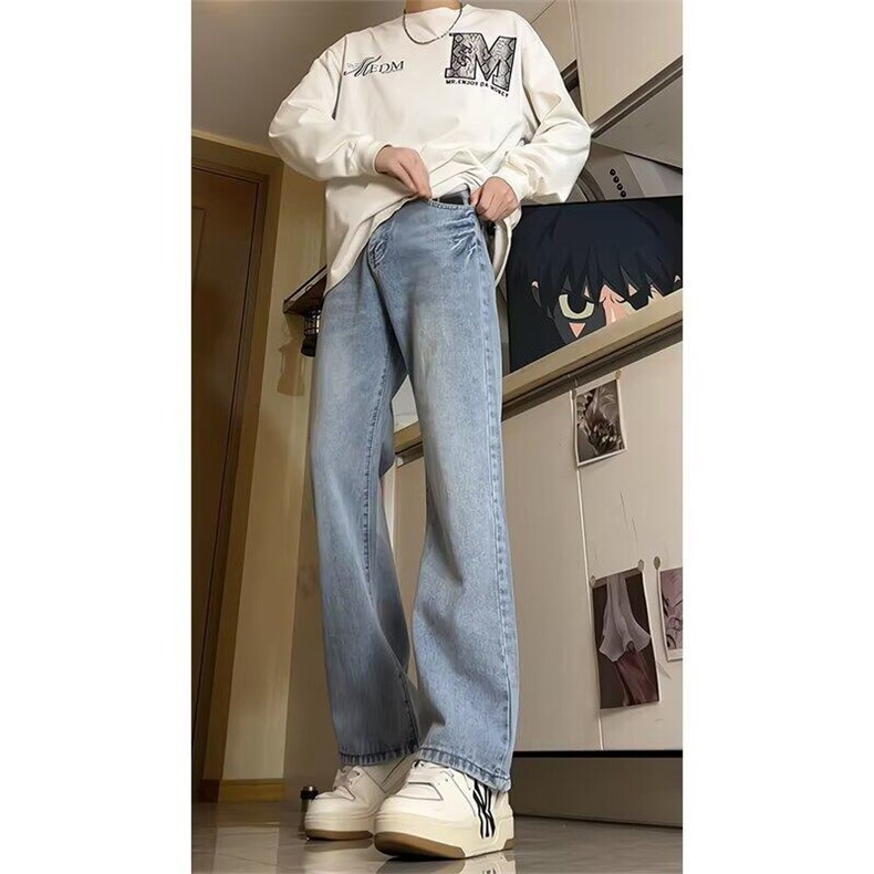 美式高街vibe中高腰提档裤子男复古蓝弯刀牛仔裤直筒微喇裤 NP905图片