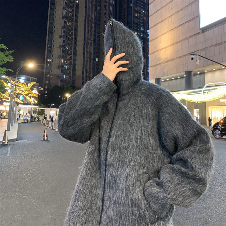 美式复古马海毛连帽男慵懒风高级感短款开衫针织夹克JK02563-P90,男装夹克,星座308B-2