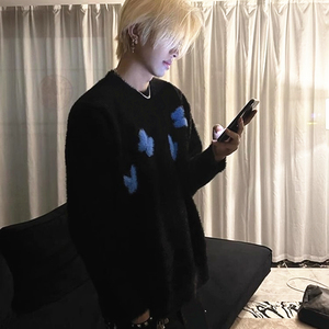 黑色圆领仿貂毛毛衣男冬季慵懒内搭蝴蝶针织衫保暖外套 M5205图片