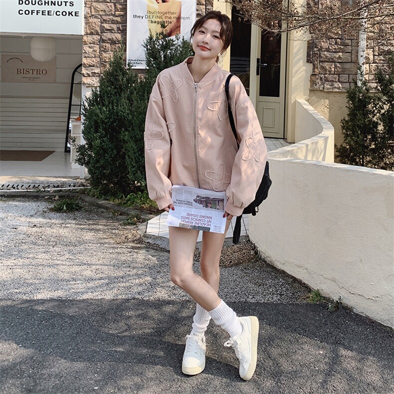 粉色立体绣花棒球服外套女春秋2025新款超火减龄开春穿搭夹克百搭,女装短外套,2C216