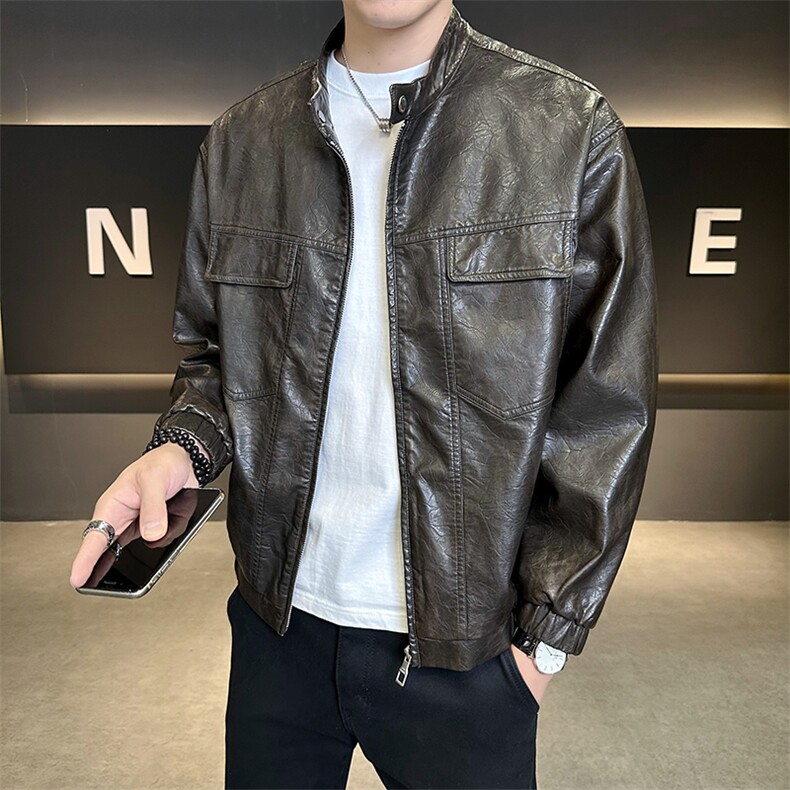 B353PY3298P140咖啡秋季新款男士立领皮夹克韩版潮流百搭外套,男装夹克,电商B353