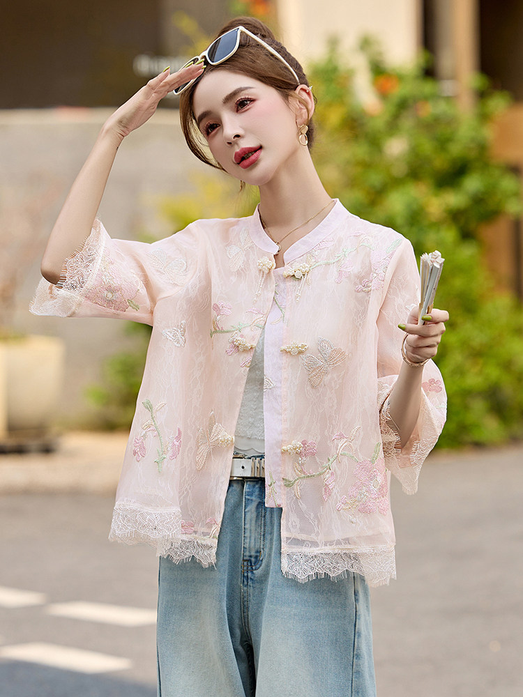 蕾丝拼接重工刺绣防晒衣女2025夏季新款洋气立领盘扣中袖轻薄外套,女装短外套,妙形