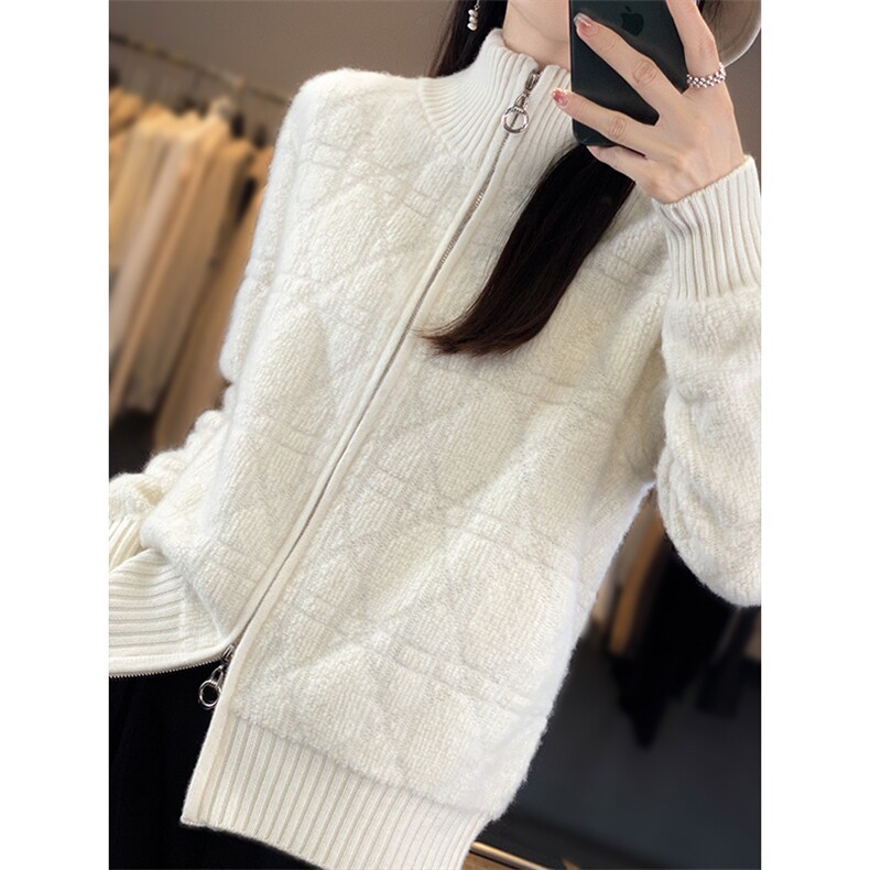 鹿邦蓝秋冬新款纯山羊绒开衫女加厚半高领拉链毛衣外套针织衫,女装羊毛衫,美雪羊绒